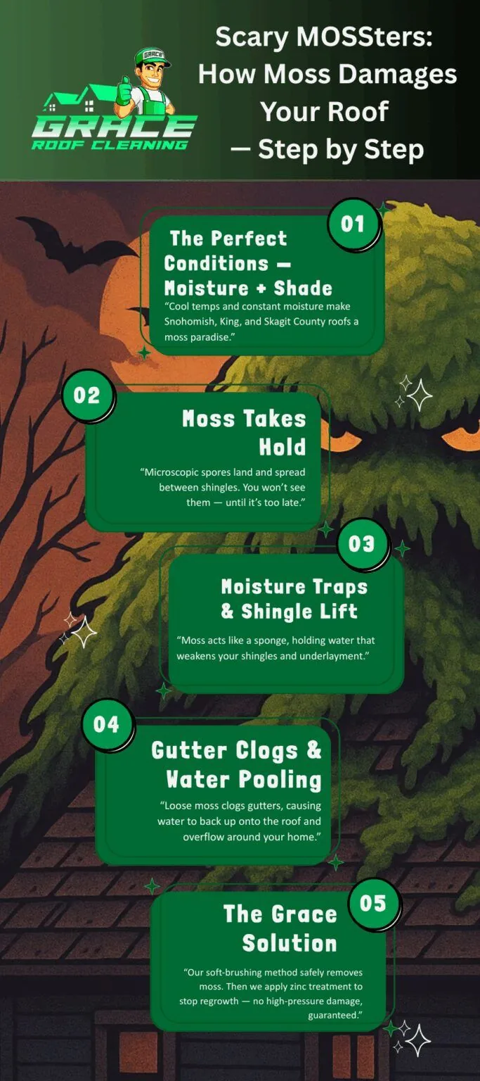Infographic with four numbered fall roof care steps on a green forest background.