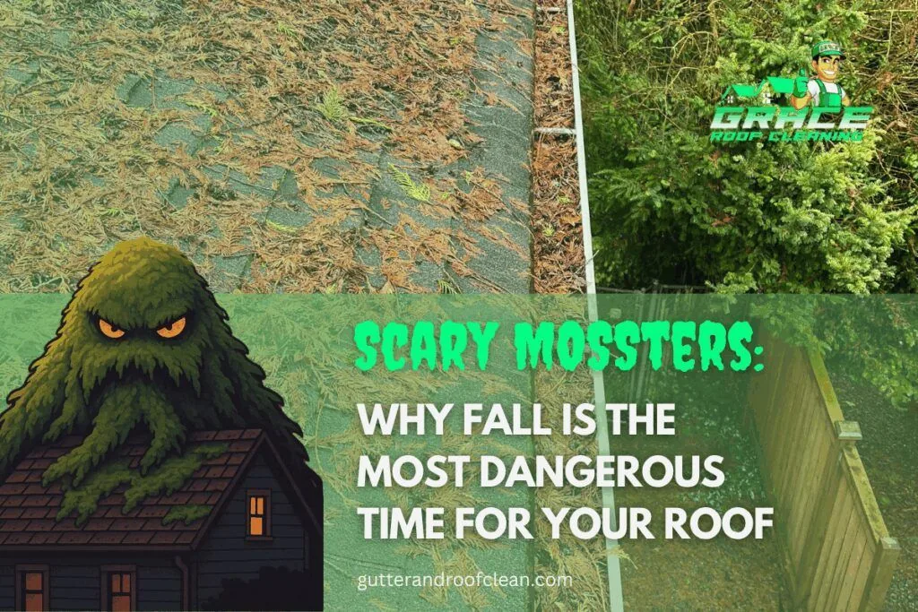 Scary moss-covered roof with a monster house and text: "Why fall is the most dangerous time for your roof"