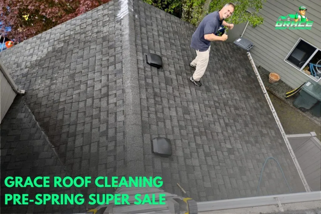 Roof cleaner on a shingled roof with a power washer; text reads "Grace Roof Cleaning Pre-Spring Super Sale."