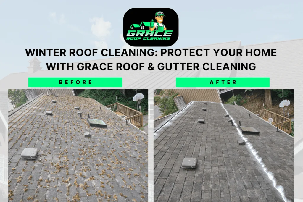 Before-and-after roof cleaning ad showing a dirty roof beside a clean roof with white gutter line.