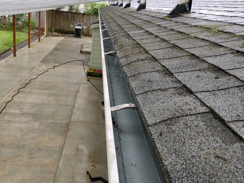 Person cleaning yellow leaves from a roof gutter with gloved hands.